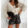Pull femme col V à franges