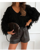 Pull femme col V à franges