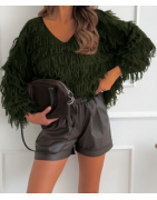 Pull femme col V à franges