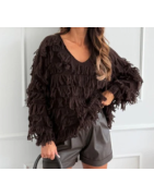 Pull femme col V à franges