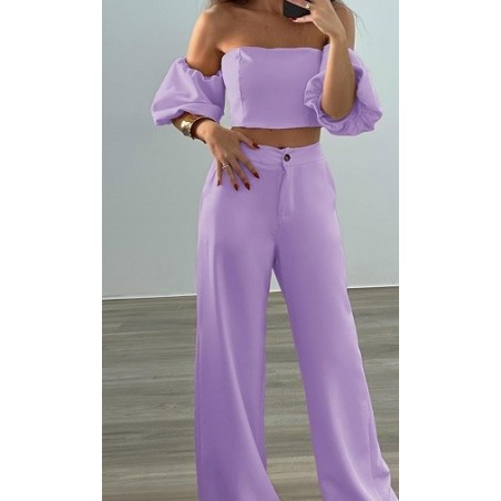 Ensemble top épaules dénudées manches bouffantes et pantalon
