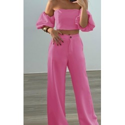 Ensemble top épaules dénudées manches bouffantes et pantalon