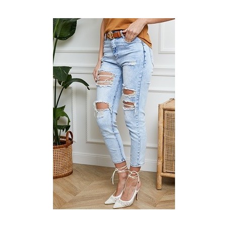 Jean femme  stretch déchiré grande taille push up avec ceinture